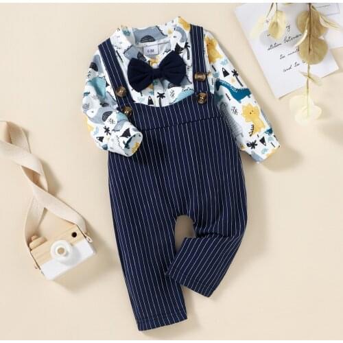 Winter Newborn Infant Baby Boys Clothes Sets Gentleman Bow Tie Shirt Tops+Straps Stripe Pants Outfits Set Kids Casual Clothing