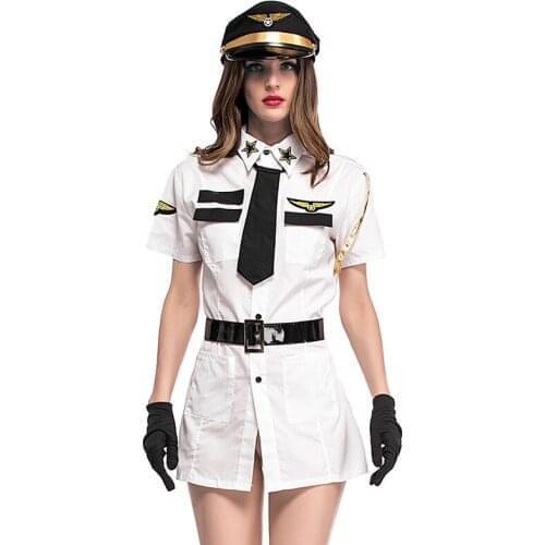Police Cop Cosplay Woman Sexy Aviator Airline Stewardess Shirt Dress Sexy Lingerie 5PCS Set Black White Halloween Cos Costumes