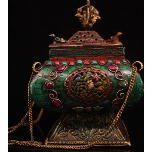 7"Tibet temple Old Bronze outline in gold Painted mosaic Gem Hanging incense pagoda incense burner Town House Exorcism