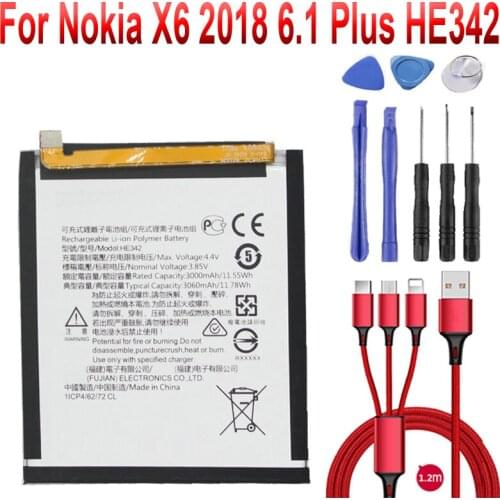 HE342 3060mAh / Battery For Nokia X6 2018 6.1 Plus TA-1099 TA-1109 X5 5.1 Plus Batteries +USB cable+toolkit