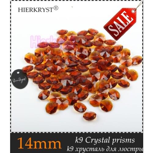 HIERKRYST 50 pcs 14 mm Octagon Beads Crystal Glass Chandelier Parts Rainbows Maker Prisms Pendants Connectors Brown #06A