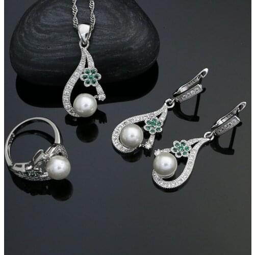 925 Silver Jewelry Sets For Women Pearl Beads Green Flower White Cubic zirconia Earrings Necklace Pendant Ring Set
