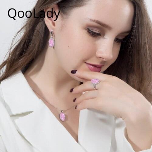QooLady Fashion Women Pink Cute Austrian Crystal Long Round Dangle Drop Necklace Earrings Ring Bracelet Jewelry Set Party S071