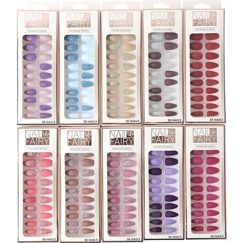 Frosted removable wearable nail art fake nail glitter 24 pieces boxed waterproof nail patch nail piece