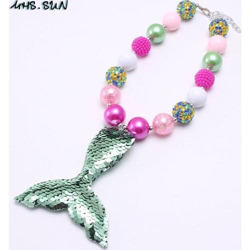MHS.SUN Girls Princess Style Beaded Necklace With Big Mermaid Tail Pendants DIY Rhinestone Bubblegum Necklace For Children Gift