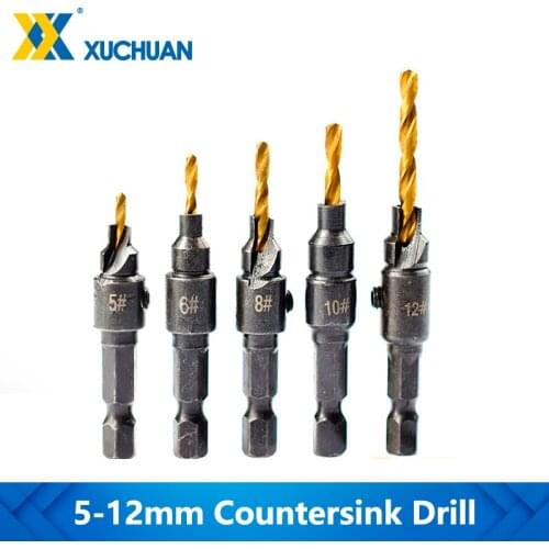 HSS Countersink Drill Bit Set Hole Cutter 5pc With Wrench TiN Coating Wood Drill Bits For Woodworking Tools Hex Shank Drill Bit