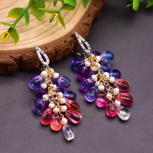 Natural Fresh Water Pearl Drop Rarrings CZ Crystal Colorful Dangle Earring for Women Girls Wedding Party Fashion Jewelry Gifts