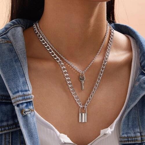2021 new fashion punk double chain golden lock key pendant statement choker necklace for women girl bridal party jewelry gift