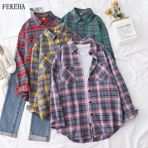 Autumn Plaid Shirts Womens Tops Long Sleeve Blouses Loose Checked Female Clothes Lady Outwear Two Pockets