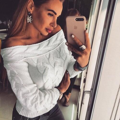 Autumn Off Shoulder Sweater Women Pullover Sweater Warm Knitted Sweater Ladies One Size Long Sleeve Loose Sweater Tops Knitwear