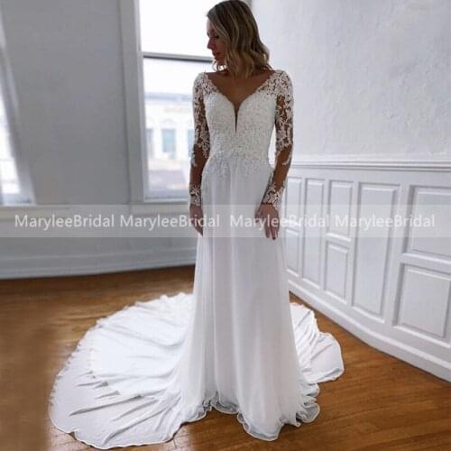 Appliqued Beach Wedding Dress With Long Sleeves V-neck Vestido de noiva Backless Chiffon Boho Bridal Dresses For Summer Wedding