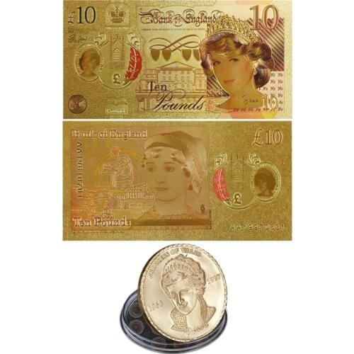 WR Coin and Banknote Set Diana Princess Gold Plated Metal Coin Colored Golden Banknote 10 Pounds Fake Bills for Collection