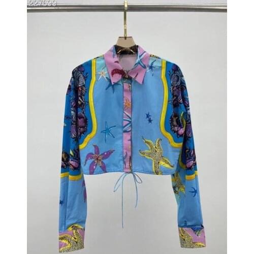 2021 New Autumn Long Sleeve Short Shirt Fashion Women Cotton Tops Ladies Print Runway Designer Blue Blouse