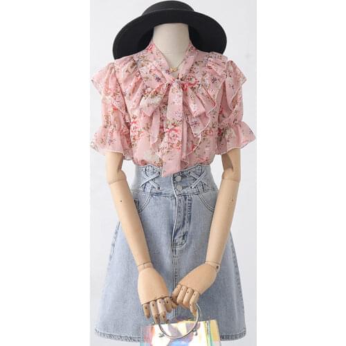 Retro Korean Female Summer Design Ruffle Bow Floral Chiffon Shirt Short Sleeve Doll Shirt Top And Blouse Women Clothing ZH861
