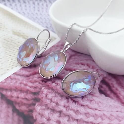 Womens Necklaces Jewelry Set made with Austria Crystal for Bridal Wedding New Oval Shape Stud Earings and Necklace Girls Bijoux