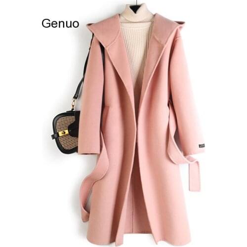 Women Coats Autumn Winter Hooded Belt Abrigos Muser Elegant Coats and Jackets Women Long Jackets Adjustable Waist Solid