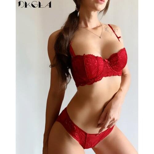 New Half Cup Bra Panties Sets Red Women Lingerie Set Embroidery White Brassiere Thin Cotton Sexy Underwear Set Lace Bra C D Cup