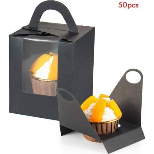 50 PCS Cupcake Boxes Cupcake Containers With Insert Handle And Window Kraft Cupcake Holder For Cookies Candies Pastries-ABUX