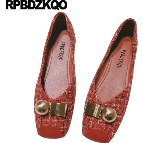 Gingham Party Red Ballet Plaid Ballerina Breathable Square Toe Large Size Designer Cloth Flats China Metal Women Dress Shoes
