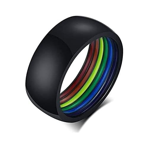 Enamel Rainbow Pride Ring for Lesbian Gay Wedding Engagement Band Women Men Stainless Steel 8mm Stripes Dome Ring Jewelry
