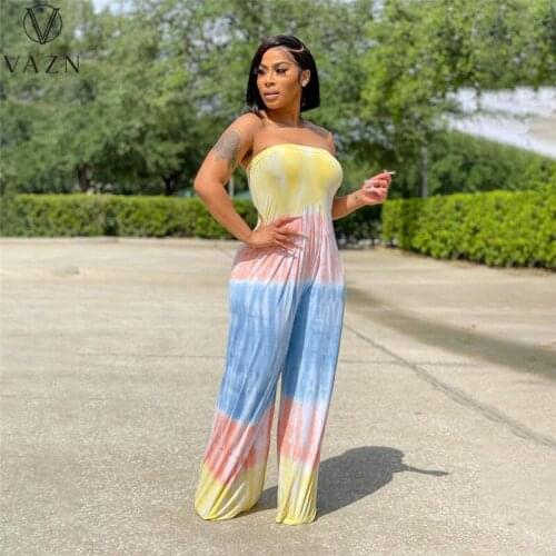 VAZN 2021 Vintage Strapless Tie Dye Print Slim Sleeveless Sexy Club Holiday Joker Women Loose Jumpsuits