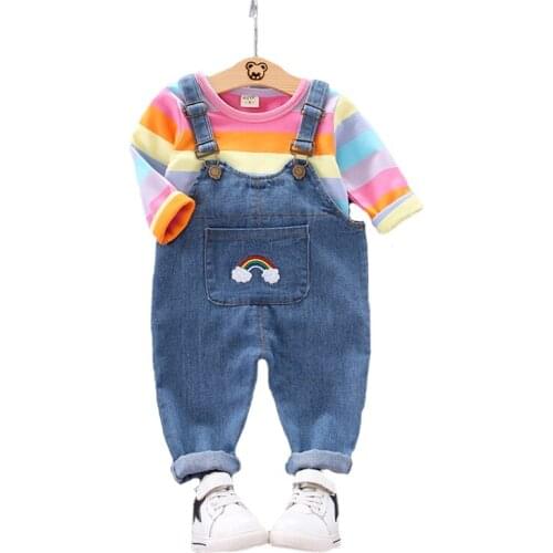 Rainbow Baby Girls Clothing Set Spring Stripe Shirt + Overalls Jeans Suit For Kids Birthday Present Toddler Children Clothes