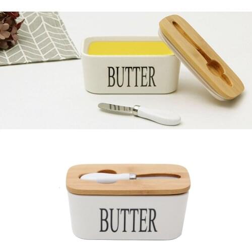 Nordic Style Butter Box Ceramic Butter Sealing Plate Dish Storage Tray Cheese Food Storage Containers Wood Cover With Knife