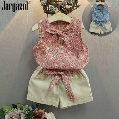 Girls Summer Clothes Set Floral Sleeveless Shirt and Pants Summer 2 Pcs Kids Children Clothing Set with Belt