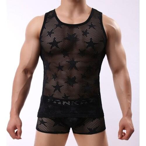 Mens Mesh See-through Fishnet Tank Top 2021 Fashion Sexy Sleeveless Undershirt Men Nightclub Party Perform Streetwear Tops Tees