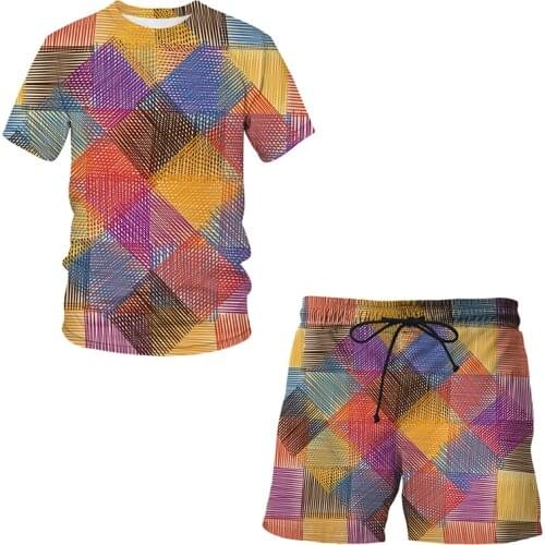 2021 New Men Casual Geometry Shorts New Shorts Mens Summer Casual Cool Short Pants Male Shorts + T shirt Suit Sets swim pants