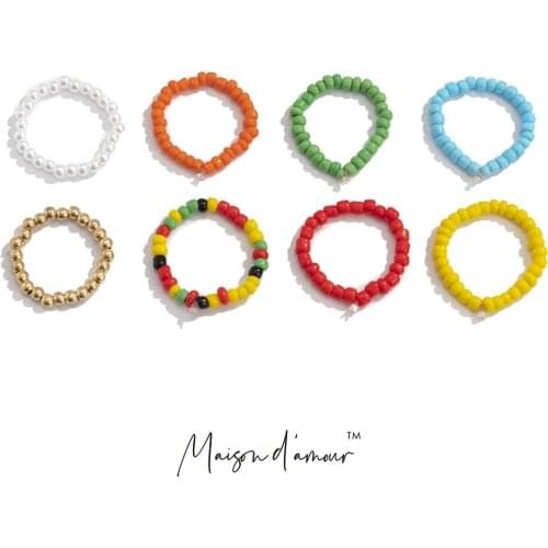 Wholesale High Quality INS Hot Summer Bohemia Ethnic Colorful Plastic Beads Rings 8pc Set