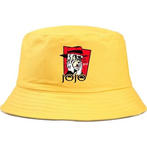 JoJos Bizarre Adventure Print Black Bucket Hats For Women Men Fishing Hat Sun Summer Sunscreen Fisherman Panama Hip Hop Cap
