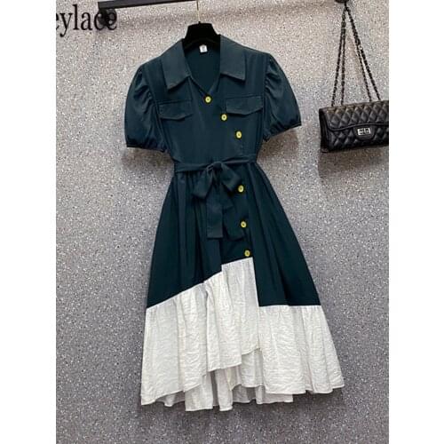 Plus size French vintage patchwork ladies shirt dresses Summer irregular ruffles long dresses korean casual female robe 4XL
