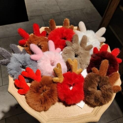 Christmas Antler Girl Elastic Hair Bands Cute Plush Winter Hair Circle Scrunchie Solid Color Ponytail Holder Hair Rope Headdress
