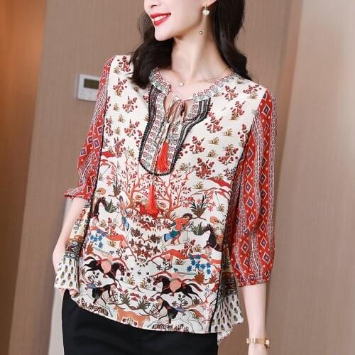 Summer Casual Women Vintage Print Shirt Elegant O-neck Three Quarter Sleeve Loose Shirts Lady 100% Natural Real Silk Blouse Tops