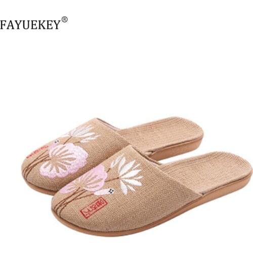 2020 unisex embroidered Japanese linen summer slippers for ladies Home Floor breathable non-slip hemp men Slide Flat Shoes