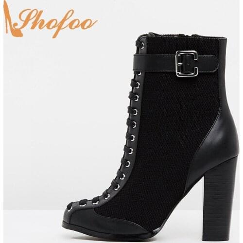 Shofoo Black Square Heels Zipper Round Toe Boots Woman Metal Decoration Lace Up Booties Large Size 13 15 Ladies Shoes Fashion