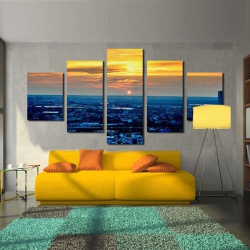 Modern Urban City Sunset Golden Sky Burned Cloud Landscape 5pcs Canvas Decorative Printing Frameless Poster For Living Room