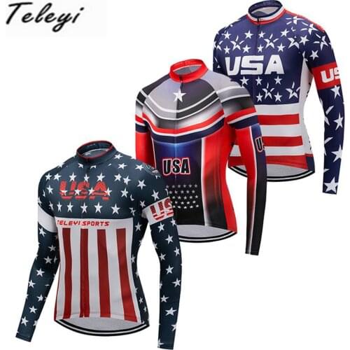 Teleyi pro USA Team Cycling Jersey Long Sleeve Men MTB Jersey Bike Bicycle Ropa Ciclismo Breathable Cycling Clothing Wear