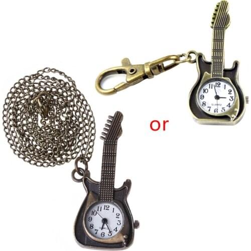 Retro Unique Bronze Design Guitar Pocket Quartz Pendant Key Chain Watch new