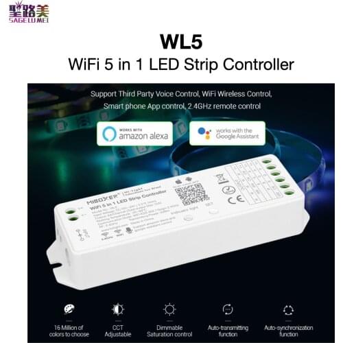 WL5 WiFi 5 in 1 LED Strip Controller Super Compatibility 2.4GHz RF / APP / WiFi / Third Party Voice Control MiBOXER Mi-Light