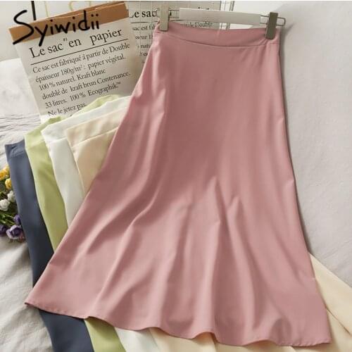 Syiwidii Skirt for Women High Waist Mid-Calf A-Line Solid Black White Pink Casual 2021 Spring Summer Korean Fashion New Skirts