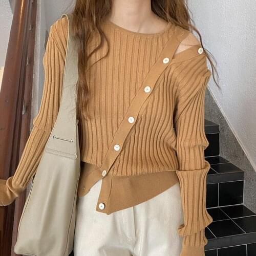 ZCSMLL Round Neck Oblique Buckle Slim Solid Color Pullovers Long-sleeved Knit Sweater Women 2021 Korean Autumn Khaki Tops