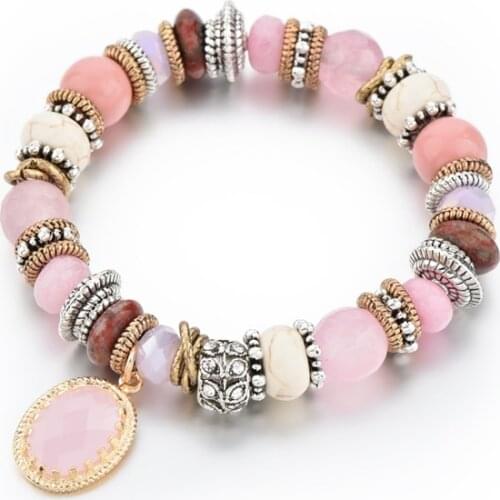 Szelam Pink/Gray Charm Bracelets & Bangles Crystal Stone Bracelets For Women Elastic Rope Chain Jewelry DIY SBR170041