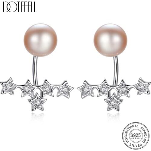 DOTEFFIL Earrings 7.5MM Natural Freshwater Pearl 925 Sterling Silver Zircon Stud Earrings Pearl Jewelry Women Wedding/Party Gift