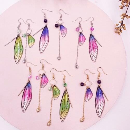Handmade Fairy Tale Butterfly Wing Earrings Women Simulation Insect Wing Drop Earrings Foil Statement Earrings Bridal Jewelry