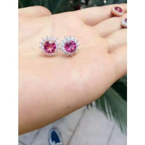 Natural topaz stone earrings 925 silver Natural pink gemstone earring women personality Elegant round Earrings for anniversary