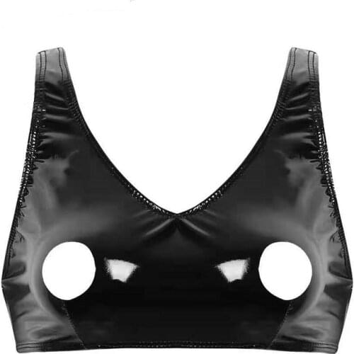 Women Sexy Wetlook Leather Camisole Erotic Hot Porn Nipple Exposed Shiny Latex Bra Spaghetti Strap Leather Crop Tank Tops Glossy