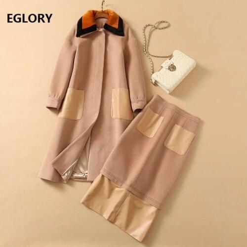 Top Quality New 2020 Winter Clothing Sets Women Turn-down Collar PU Leather Pocket Patchwork Long Wool Coats+Mid-Calf Wool Skirt