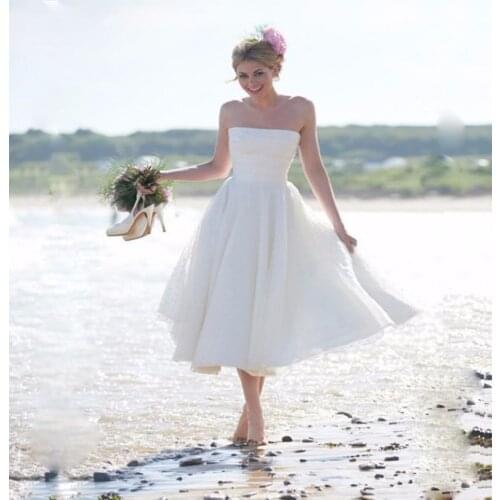 2019 Custom Elegant Strapless Sleeveless Cheap Knee Length Wedding Gowns Ivory Beach Short Wedding Dresses vestido de noiva